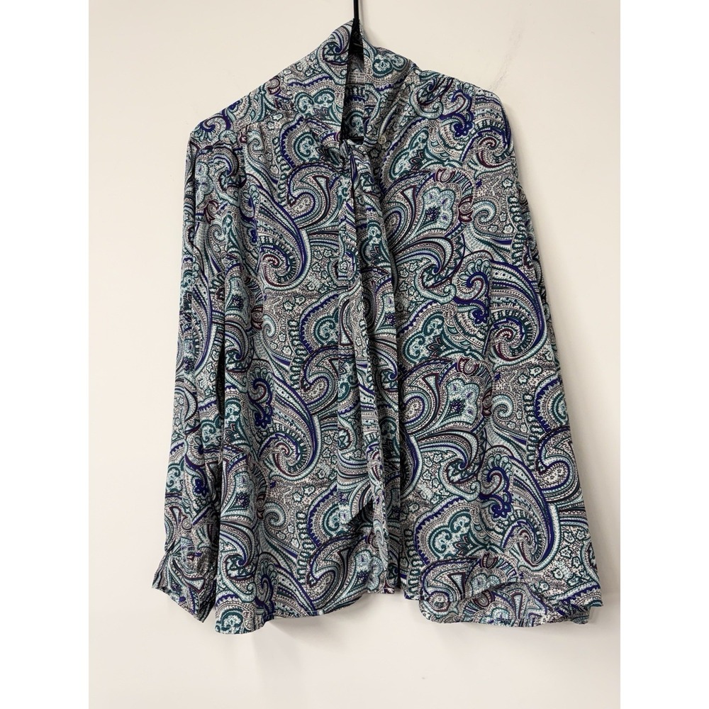 Vtg Alfred Dunner Women's 42 blue green paisley blouse Secretary Bow Tie